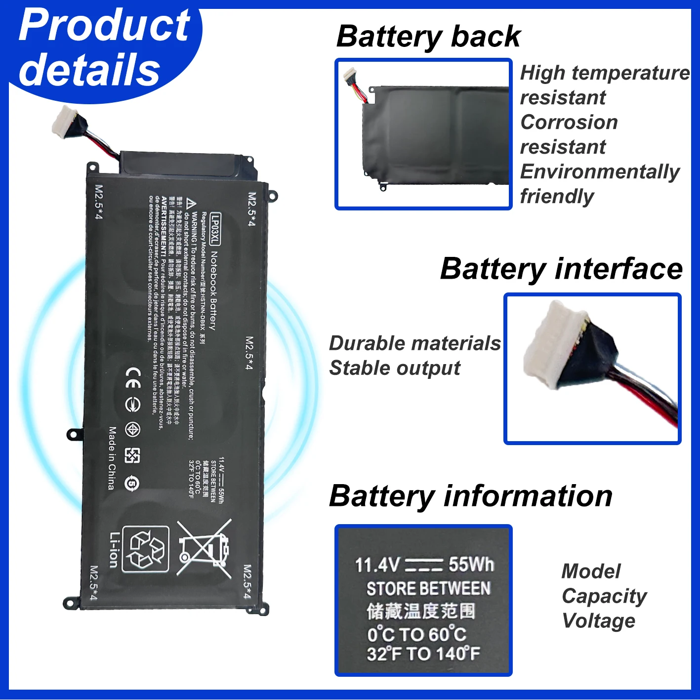 11.4V 60Wh LP03XL Laptop Battery For Hp Envy14-J 15T-AE 15-AE000 15T-AE000 15-AE125TX M6-P M6-P113DX M6-P013DX Series HSTNN-DB7C