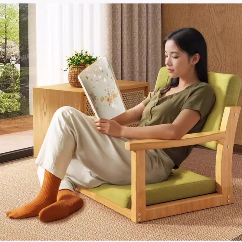 Tatami Solid Wood Floor Chair with Armrest Low Profile Lounge Chair for Reading Gaming Bedroom Bay Window Matcha Green