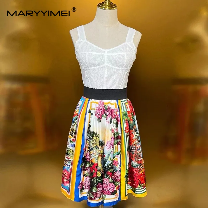 MARYYIMEI Summer Beach Vacation Women\'s Suit Spaghetti Strap Backless Tops+Pleated Skirt Print Cotton 2 Piece Set