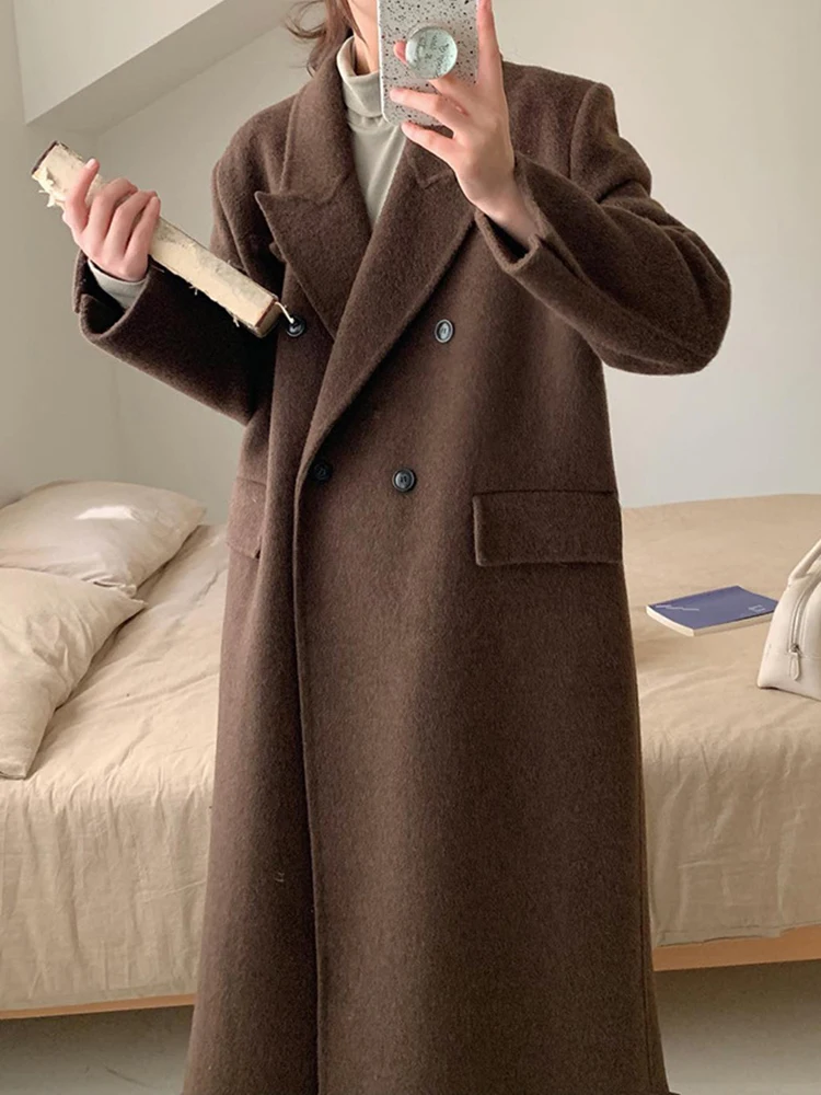 EAM Brown Big Size Thick Woolen Coat Loose Fit New Lapel Long Sleeve Women Jacket Fashion Tide Autumn Winter 2024 30A2230