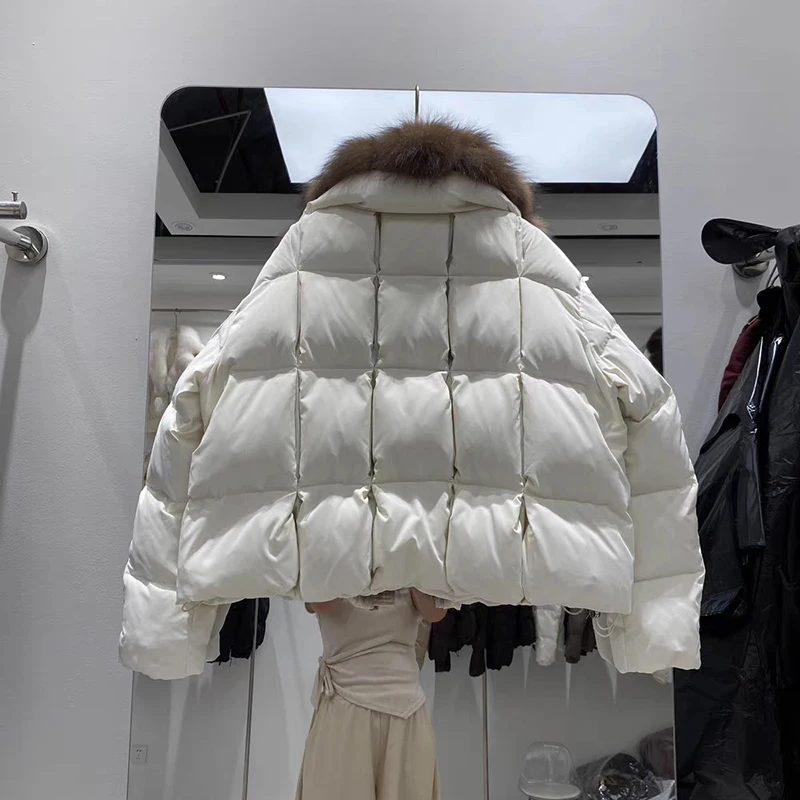 Winter Natural Large Fur Collar Down Jacket White Duck Down Fur Outwears Women Female Warm Thick Zipper Quilted Parker Jacket
