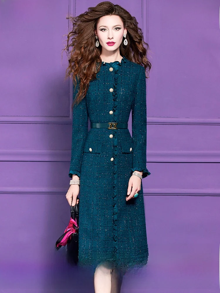 

Elegant Woolen Dress with Sequins And Wooden Edges for Women Mid-Length A-Line Silhouette High Waist City Commute Suitable