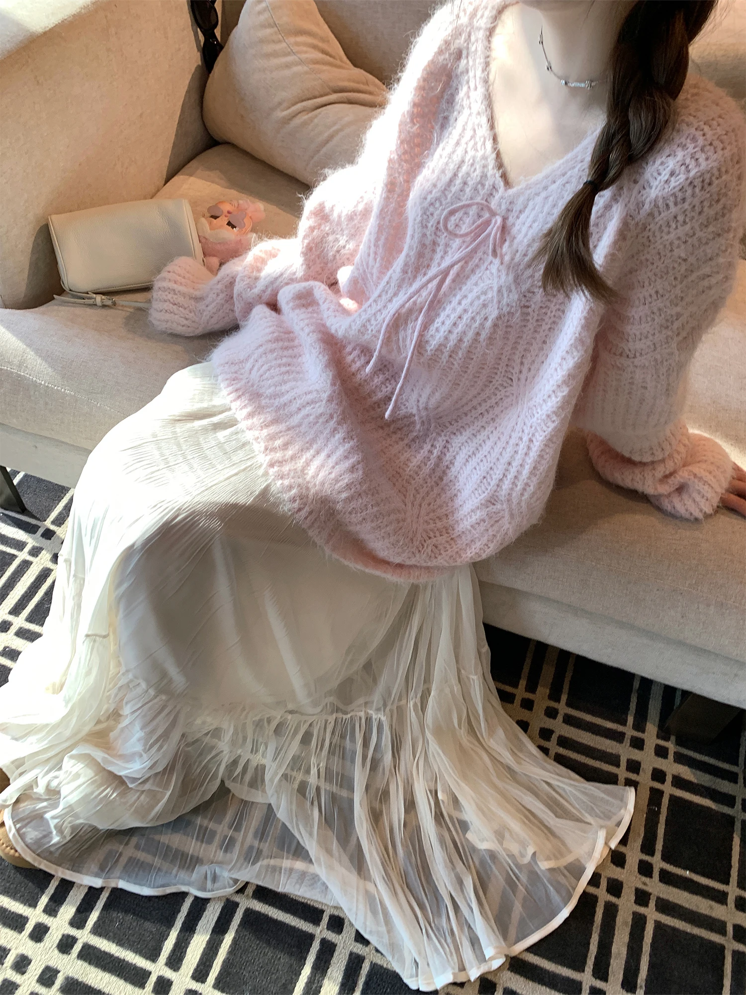 

Свободный вязаный свитер с V-образным вырезом для женщин, корейский стиль, повседневный, с длинными рукавами, теплый, для весны и осени