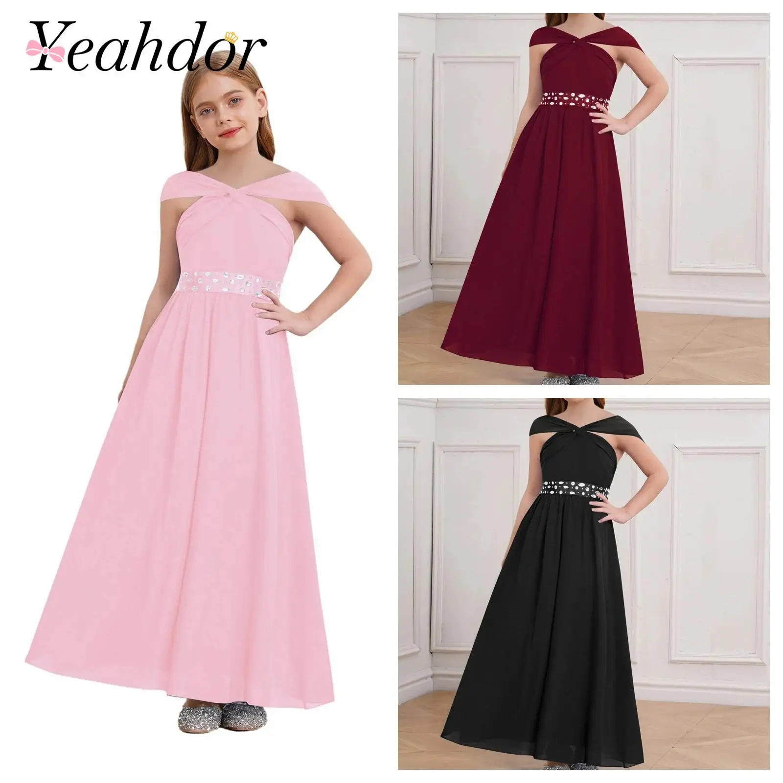 

Вечернее платье для девочек с открытыми плечами, платья подружки невесты для юниоров, детская шифоновая одежда макси с цветочным узором для девочек, свадебное платье для причастия