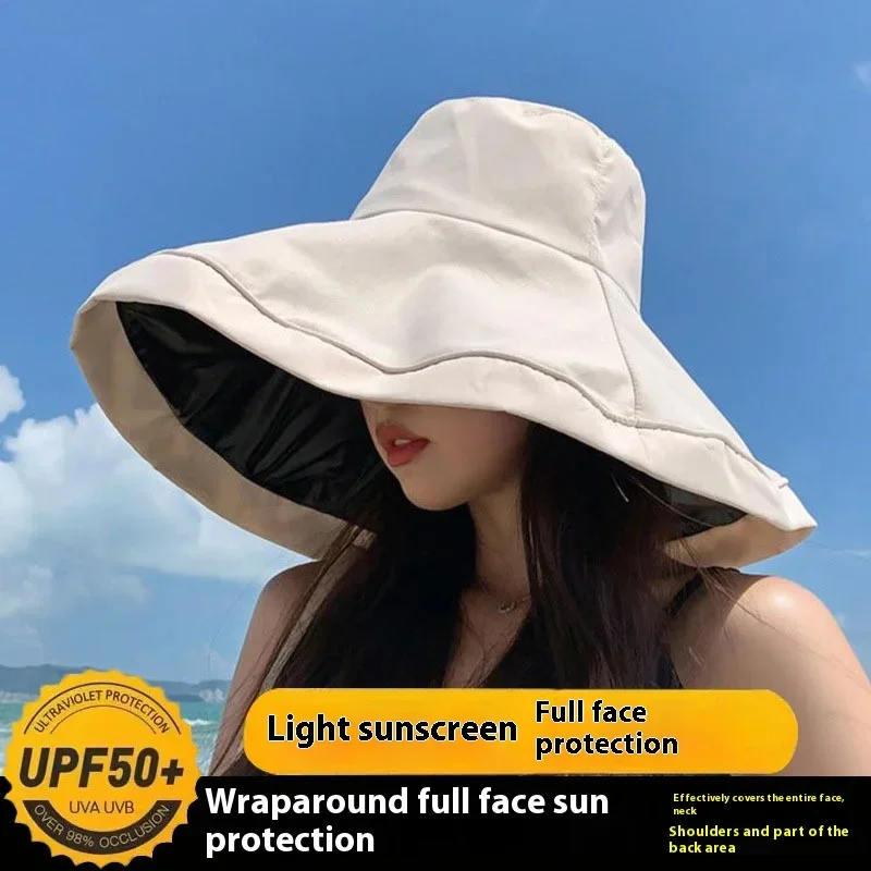 Sombrero de pescador plegable con aleros grandes para mujer, gorro de pescador con protección solar de Gel negro, protección UV, novedad de verano,