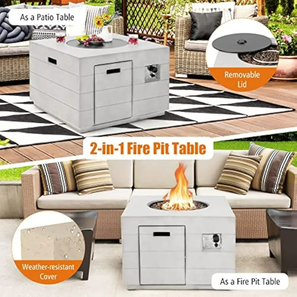 Outside Fire Pit Table - 50,000 BTU Outdoor Square Propane Fire Table, Gas Fire Tables w/Lid, Lava Rocks, Stainless Steel Burner