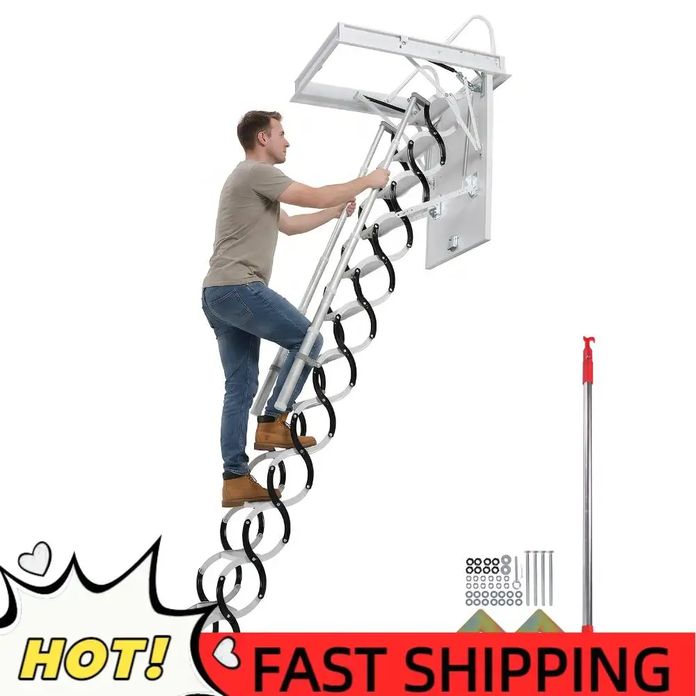 

Hidden Mount Attic Extension Stairs with Handrails Fold Armrests Attic Steps 660LBS Capacity Pull Down System for Rough Opening