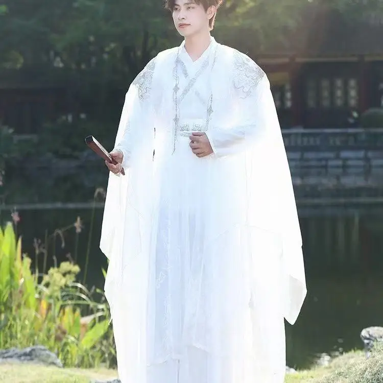 클래식 화이트 드래곤 자수 한푸 남녀 전통 큰 소매 셔츠 무대 의상 할로윈 요정 무술 코스프레 의상