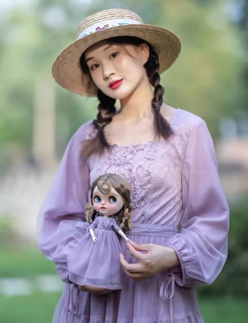 2025 2pcs French vintage Blythe purple lace mesh Puff Dress+bow hair clip 1/6 30cm(Fit for  azone,Pullip,Ob22/24/26, Licca)