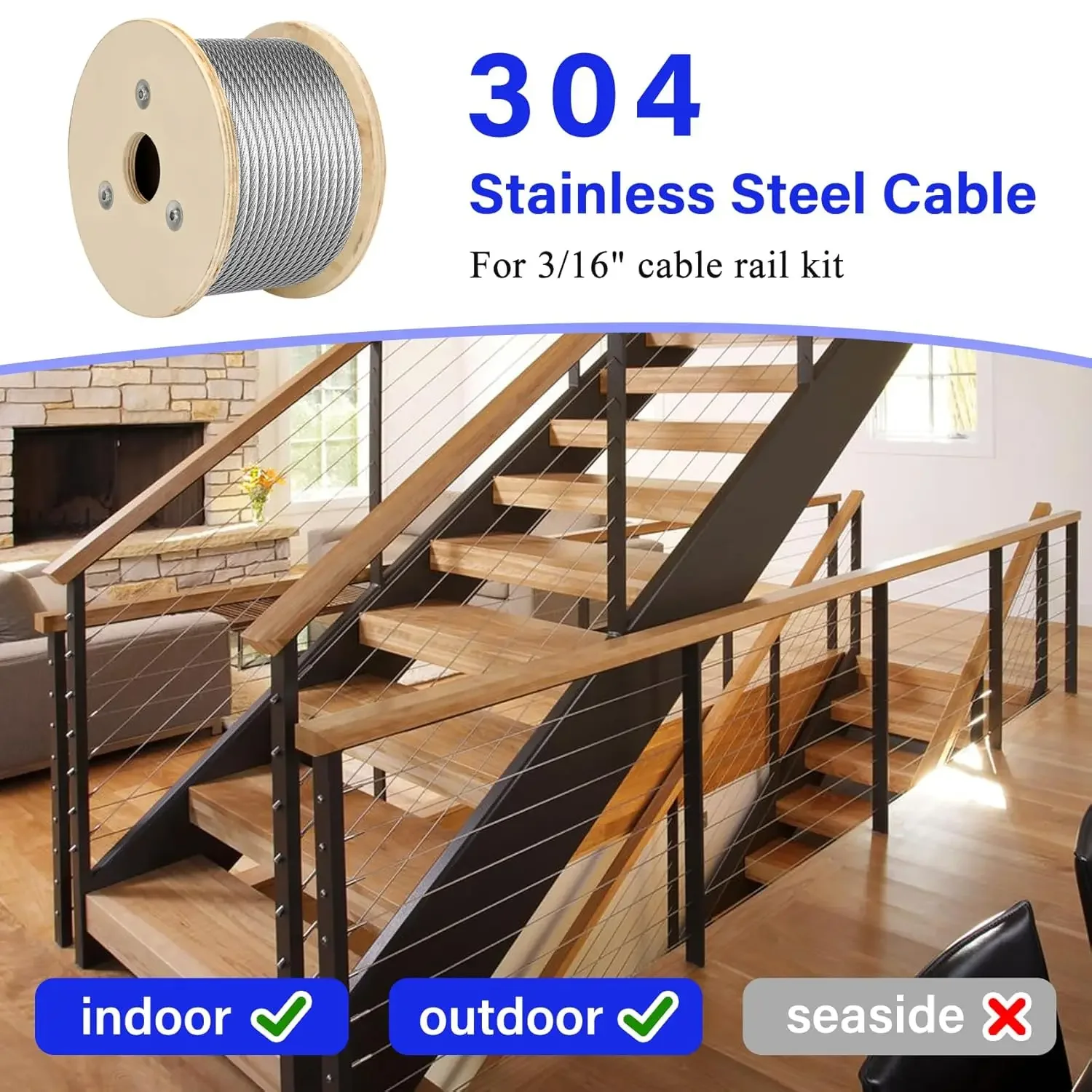 3/16" Stainless Steel Cable, 500ft Wire Rope, 7X19 Strands Aircraft Cable, 3700lbs Breaking Strength, Zip Line for Hea