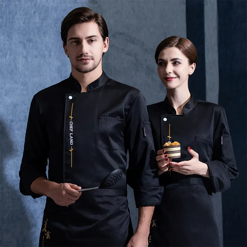 Schwarze Koch jacken Langarm Küchenchef Restaurant Uniform benutzer definierte Logo Shirt Service Bäckerei atmungsaktive Koch Kleid Schürze Männer