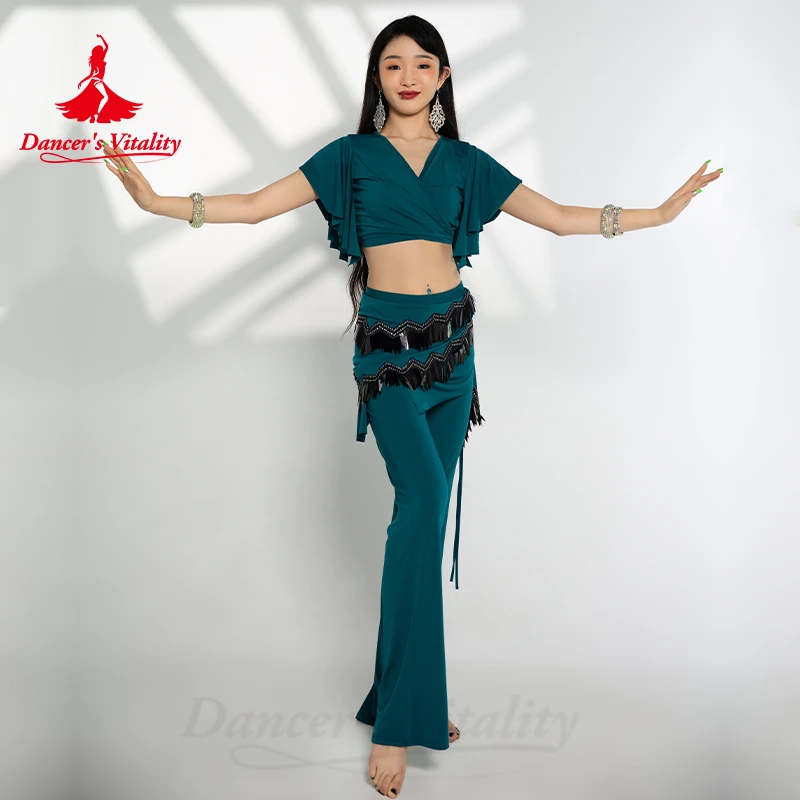 Belly Dance Costume Set for Women Short Sleeves Top+cotton Split Trouses 2pcs Oriental Belly Dancing Professional Outfit