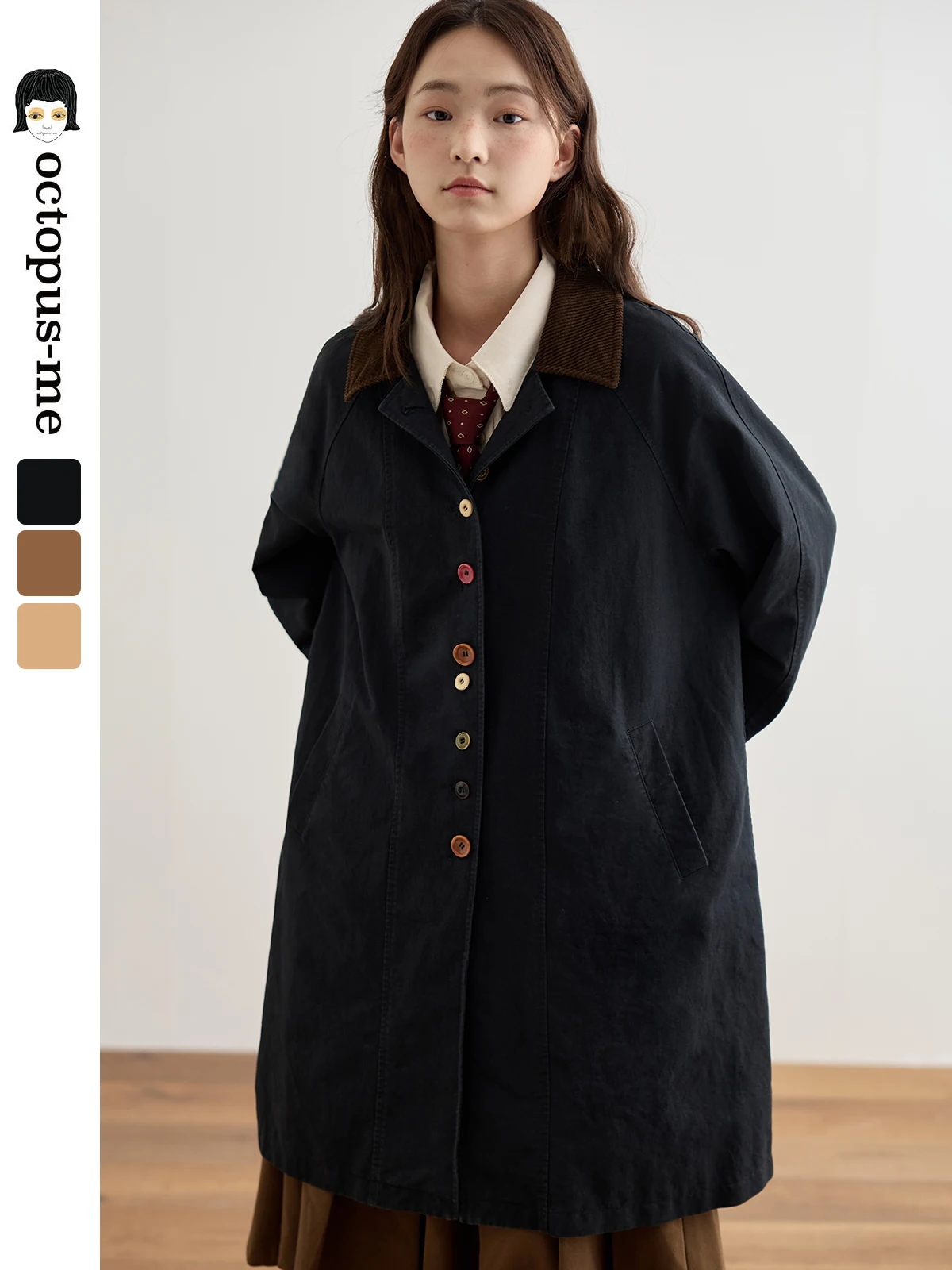 

Octopusme Loose Fit Casual Bla Coat Women's Spring Briti Sle Windbreaker Jaet Polyester Button ket Detail