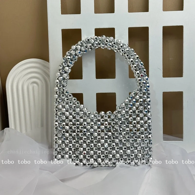 

French Shiny Silver Beaded Top-handle Bags Designer Half Moon Handbags Cute Cool Young Girl Party Purses Original Versatile Bags