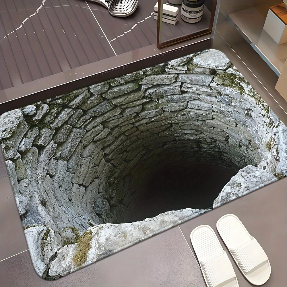 Stone Built Water Well 3D Visual Flat Pattern Design Floor Mat for Household Bathroom Door, Absorbent and Non Slip Foot Mat