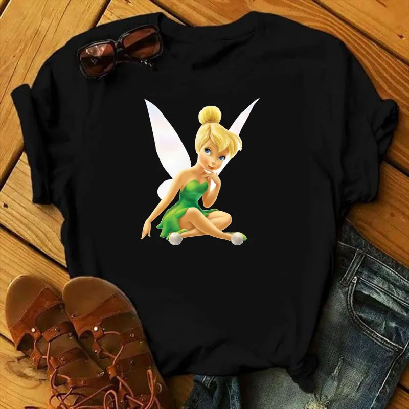 Disney Tinkerbell T-shirt Printed T Shirt Women Short Sleeve Leopard Tshirt Woman Tee Kawaii Clothing Black White Short Sleeve