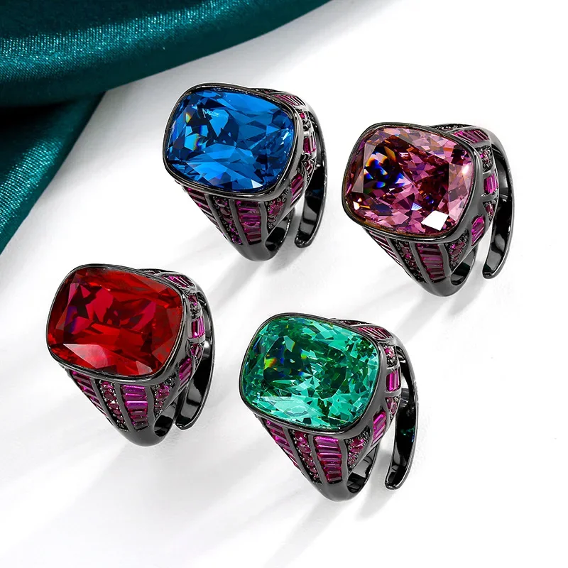 Stunning Fashion Luxury Blue Green Square Gemstone Ring Adjustable for Elegant Style Mother's Day Cocktail Party Accessories