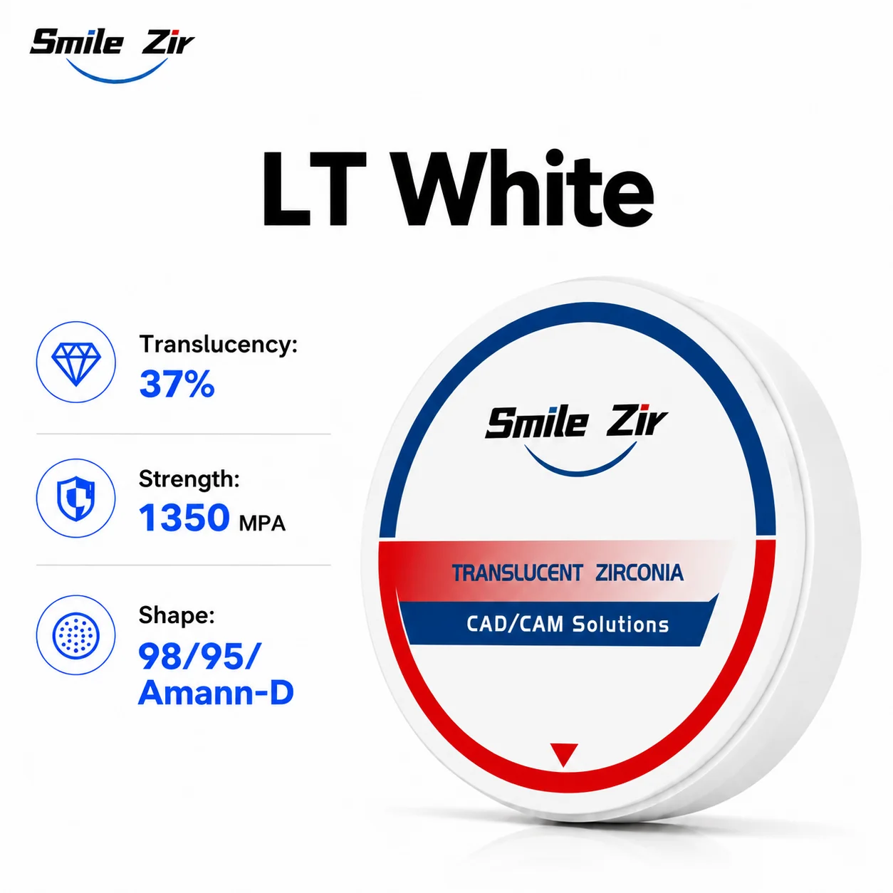smile_zir LT White Zirconia Blocks Disc 98mm/95mm/Amann-D Shape CAD CAM Milling Ceramic Material