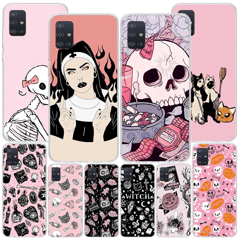 Pink Cat Skull Sorceress Witch Phnoe Case for Samsung Galaxy A51 A50S A71 A70 A41 A40 A31 A30 A21S A20S A10S A21S A6 A7 A8 A9 Co