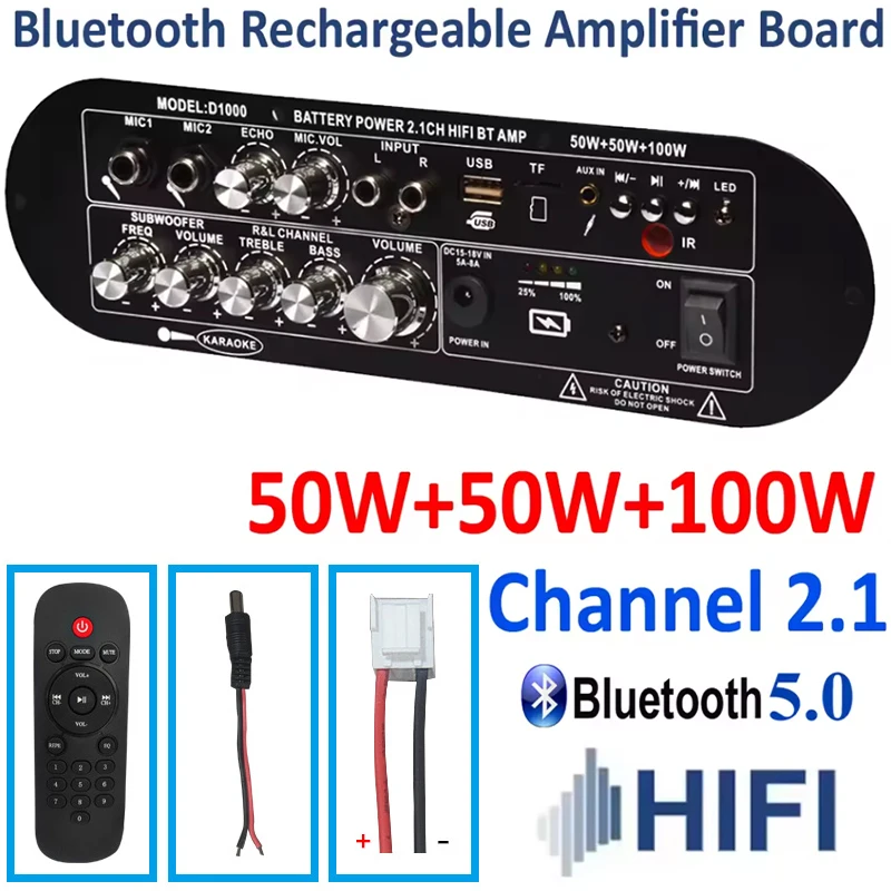 Bluetooth 5.0 Amplifier Board 50W+50W+100W 2.1 Channel Rechargeable Subwoofer Amplifier with DSP Processor for Car Home Karaoke