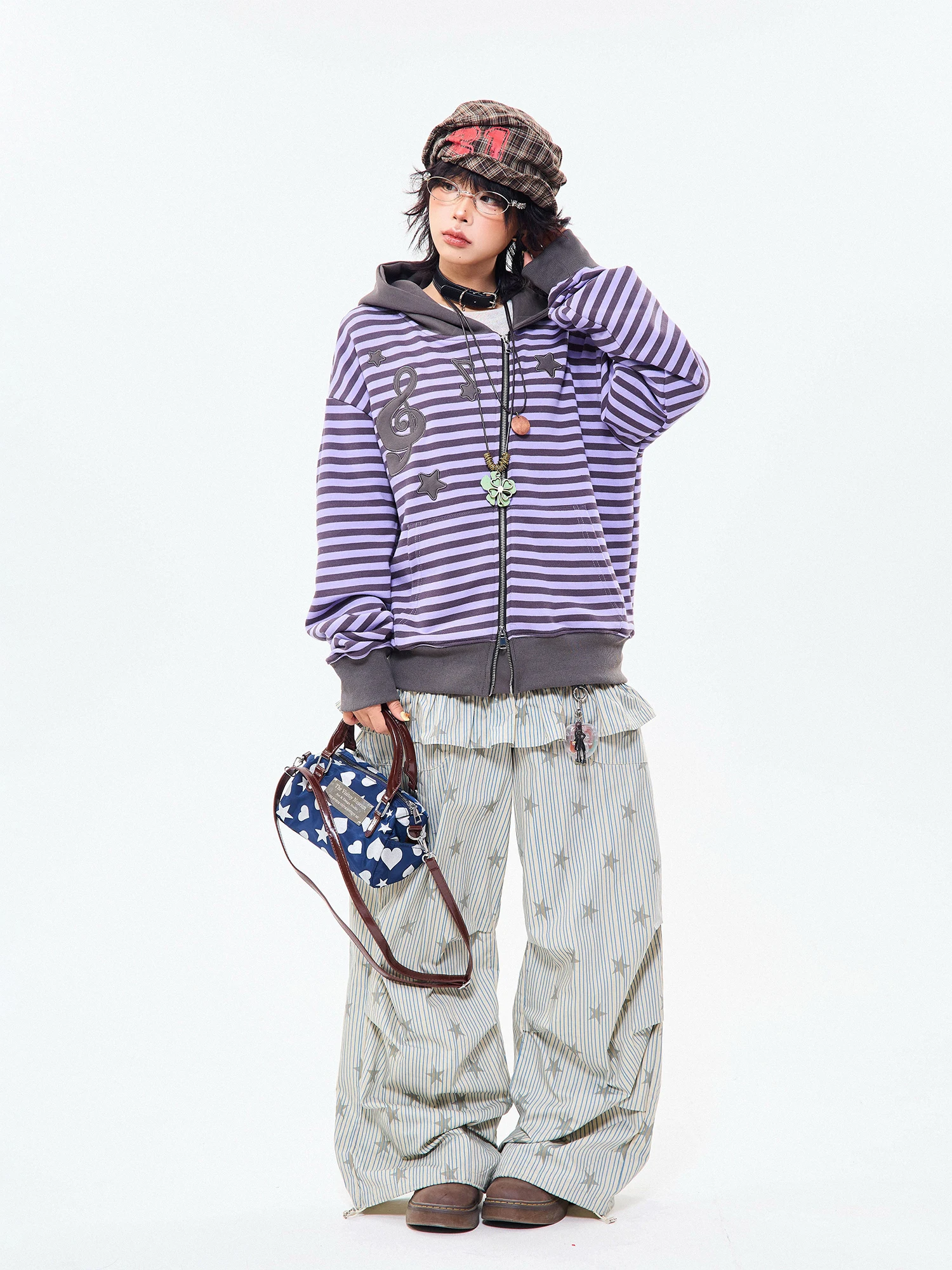 MIKYO Felpa con cappuccio retrò americana da donna ampia vestibilità slim casual con cerniera fantasia a righe felpa cardigan aperto alla moda Jaet