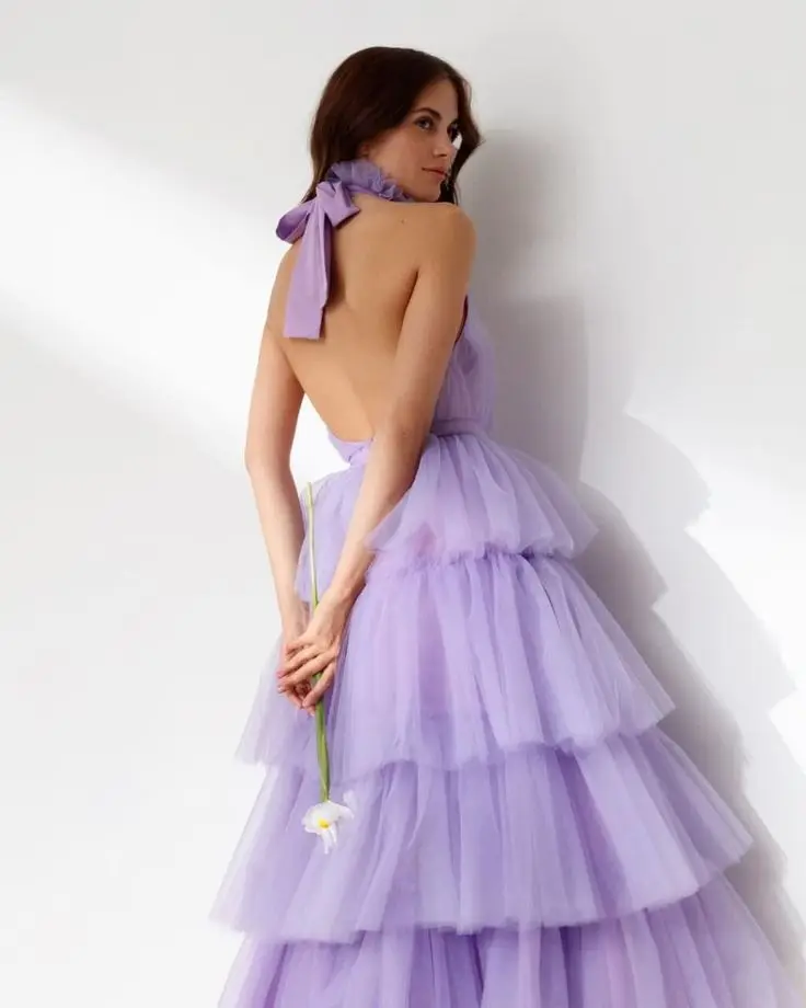 Lilac Tiered Tulle Prom Dresses High Neck Tea length A Line Formal Party Prom Gowns Sleelveless Evening Gowns Elegant