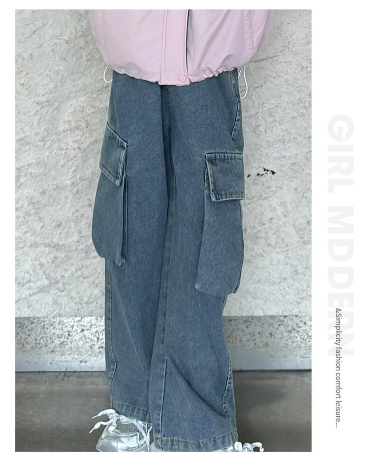 Kinder Retro Distressed Cargo Jeans mit Tasche für Mädchen, Modische Streetwear Denim Hosen, Teenager Kinder Baggy Cargo Jeans Hosen – Detail 3