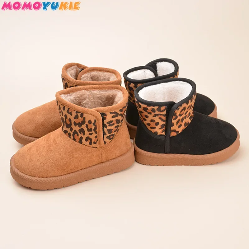 Botas de felpa para niño y niña, zapatos cálidos de piel de leopardo para la nieve, a la moda, novedad de invierno