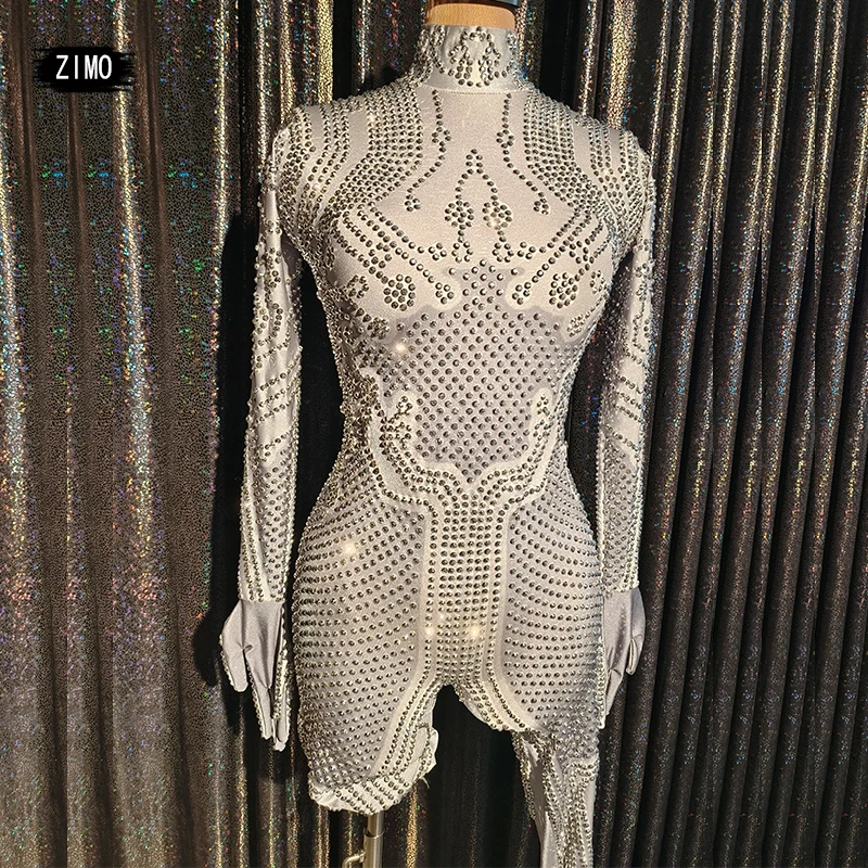 

fashion glitter stone white gloves jumpsuit women Leotard birthday party pole Singer nightclub drag queen stage Dance Costumes