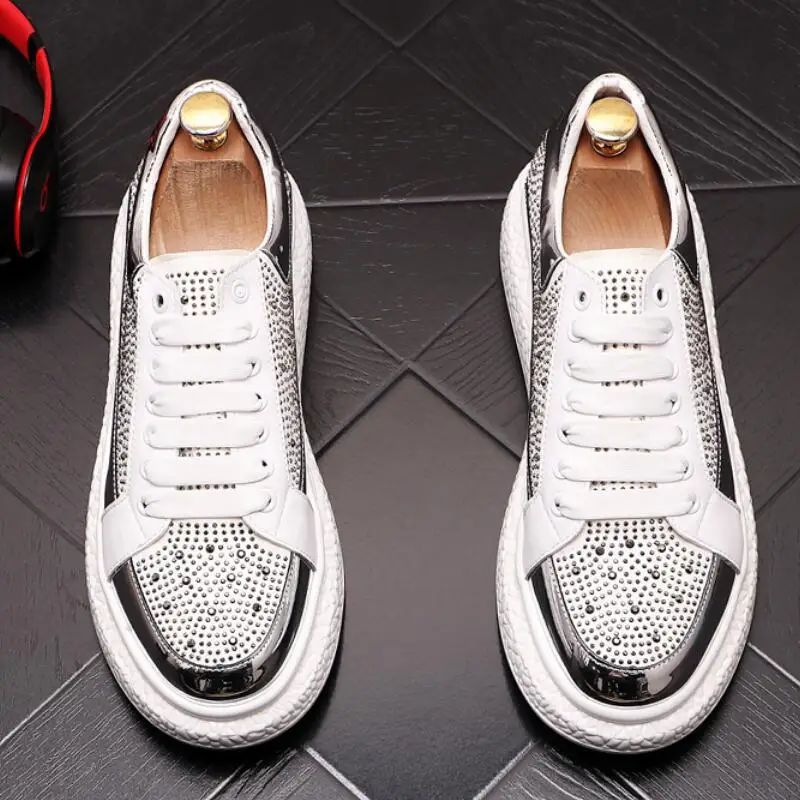 Elastic shoes fashion personality rhinestone men\'s shoes thick sole increase breathable casual shoes men\'s white wear-resistanA6