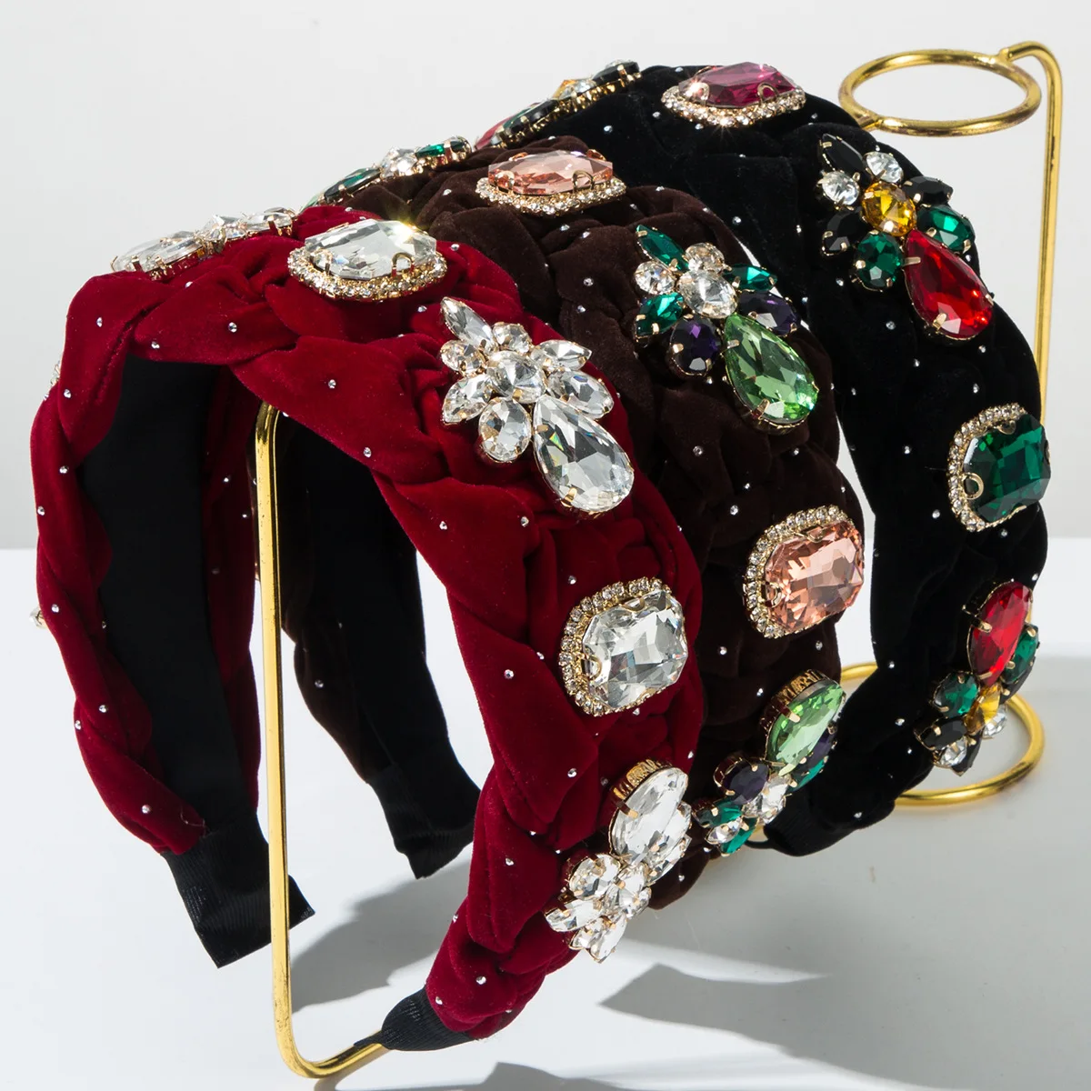 

Korean Gorgeous Retro Velvet Braided Big Rhinestone Super Shiny Headband Elegant Party Hair Accessory