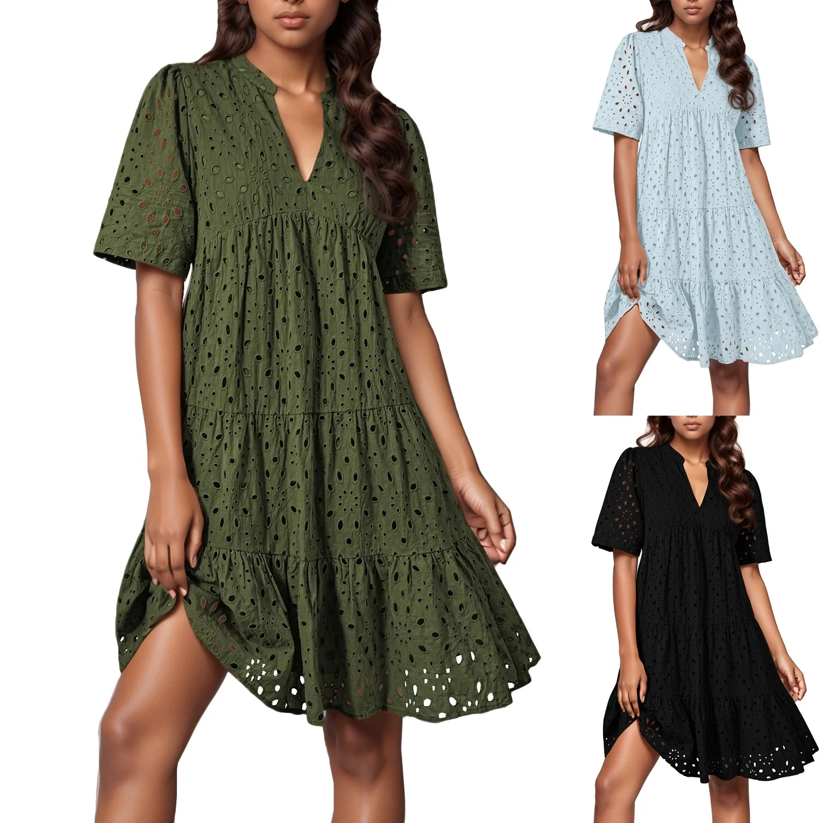 

Elegant Womens Boho Summer Dresses V Neck Short Sleeve Hollow Out Lace Ruffle Casual Beach Summer New Evening Party Dresses