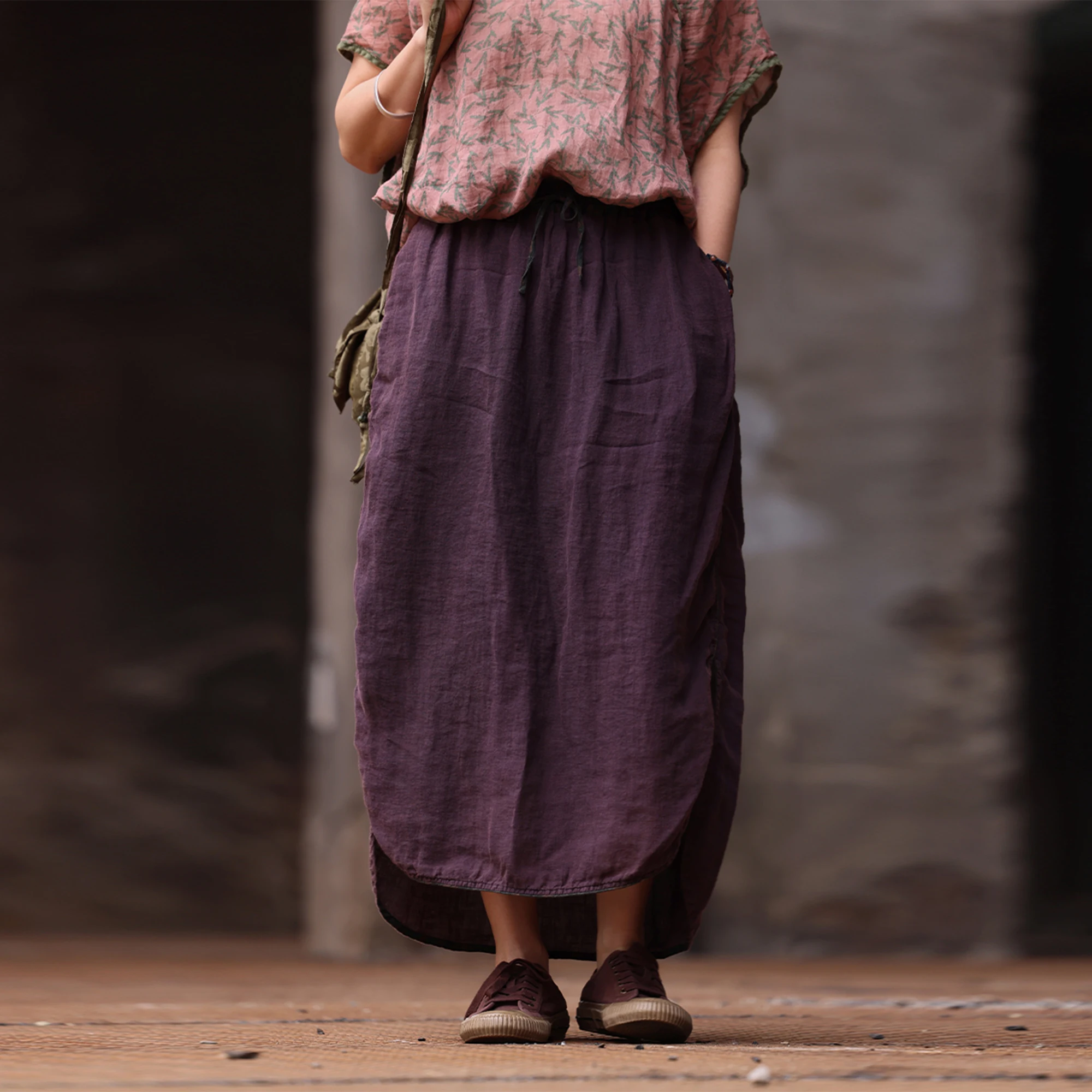 

PengPeng Home 38693 Artistic Linen Elastic Waist f Skirt Commute Sle Loose Fit H-ape Pure Color Mid-Length Skirt