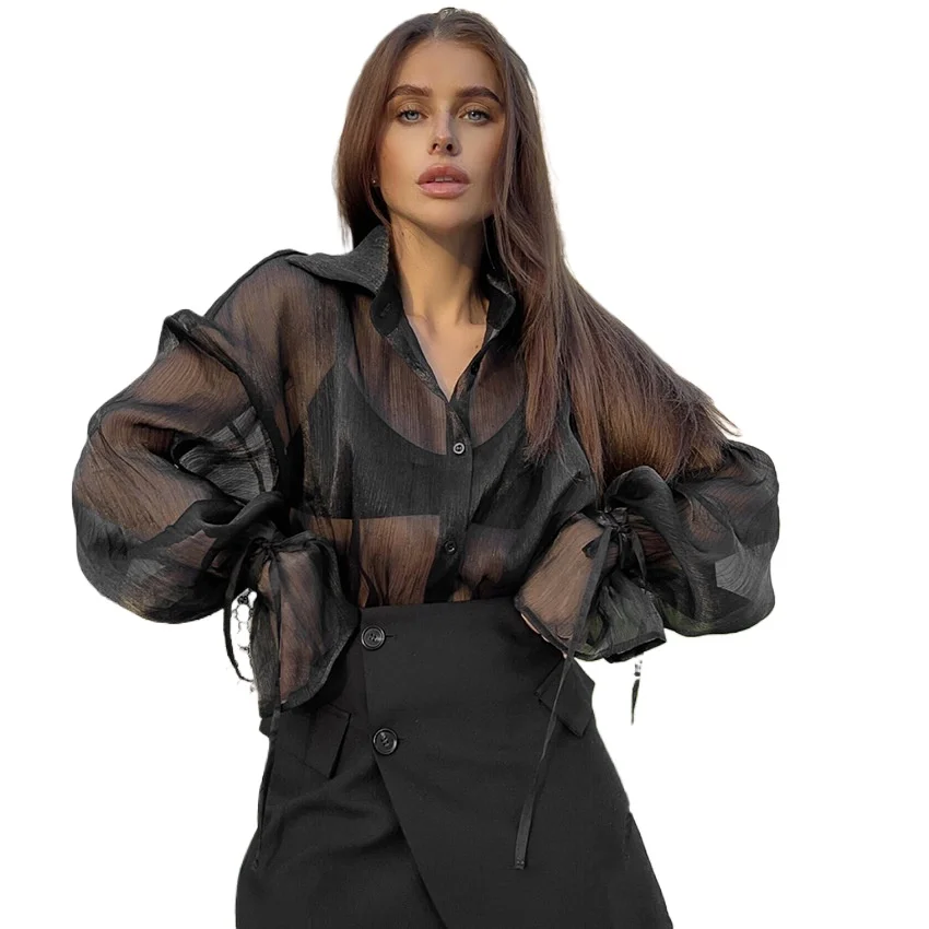 Prowow Sheer Mesh Sexy Women's Blouses Long Sleeve Summer Fall Female Tops Clothes Black White Solid Color Party Nightclub Wear