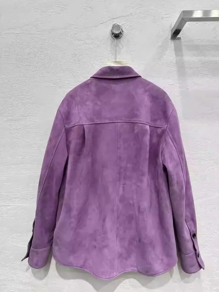 Giacca camicia casual in vera pelle vestibilità ampia da donna monopetto primavera autunno manica lunga pelle scamosciata di pecora cappotto di media lunghezza