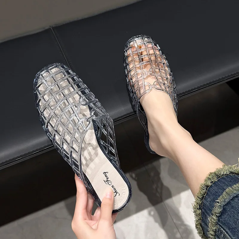 Women's slippers summer breathable women's cool sandals summer sparkling flat hollow out versatile hooded cool sandals for women image 5