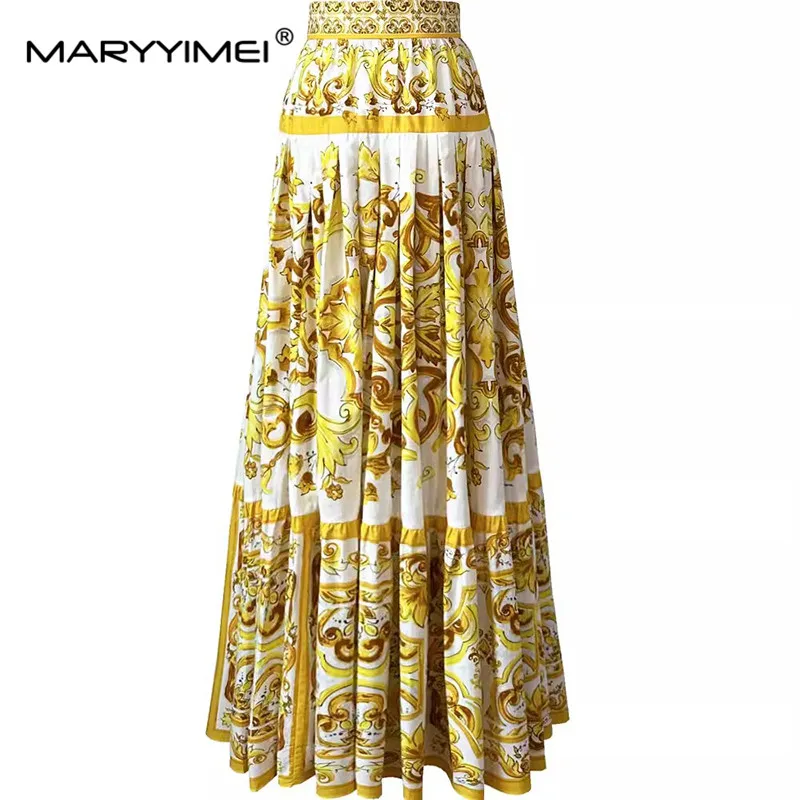 MARYYIMEI Fashion Design Summer Women\'s Suit Slash Neck Short-Sleeved Tops+Pleated Skirt Baroque printed Cotton Two Piece Set