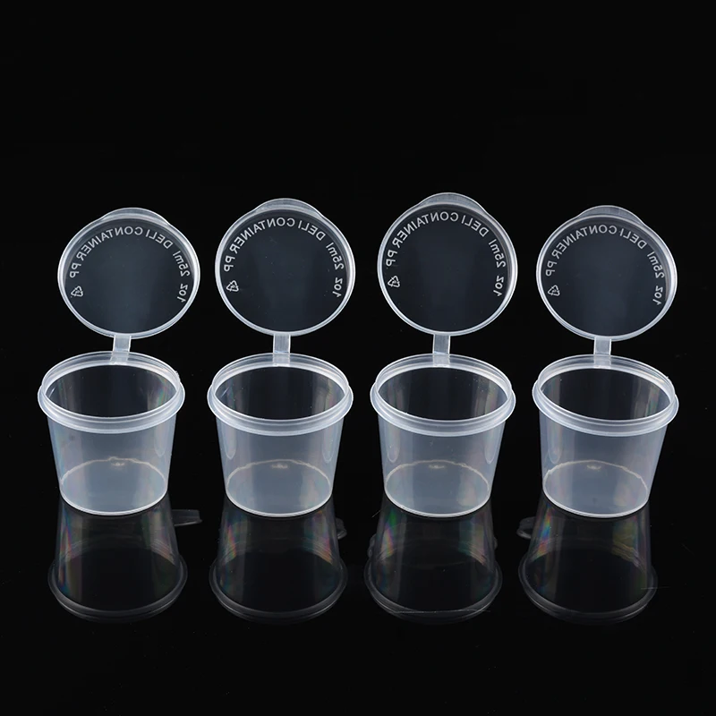 50pcs Clear Plastic Sauce Cups Disposable Plastic Sauce Boxes Cups With Sealing Cap Kitchen Vinegar Soy Sauce Container Gadget