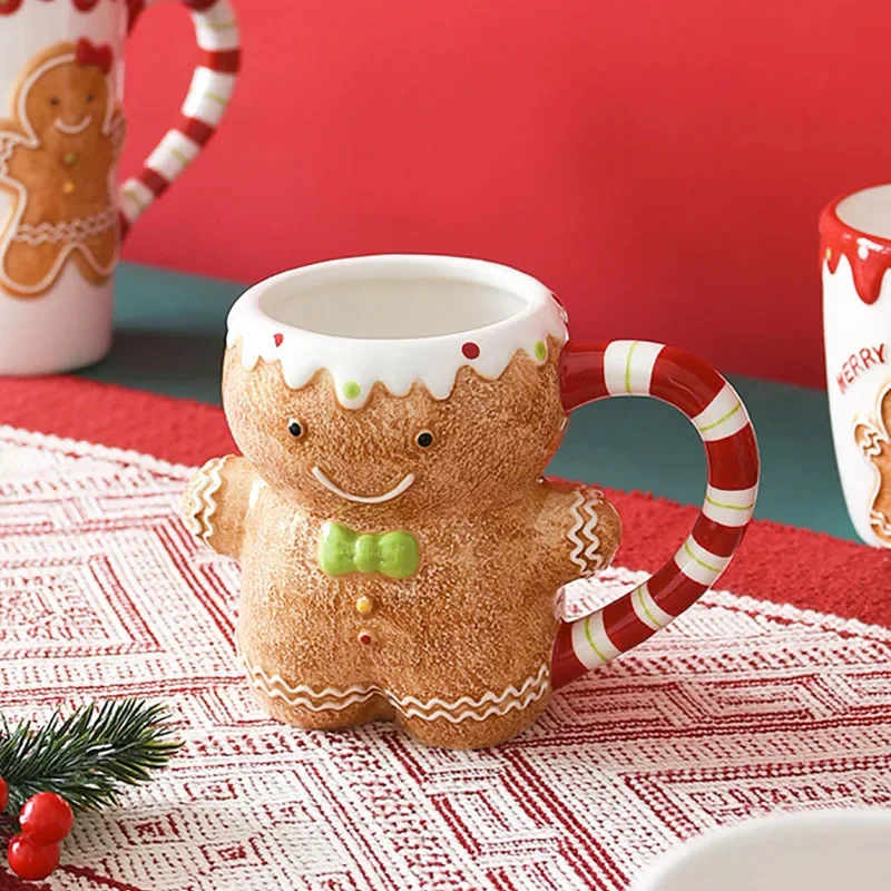 Ceramic Christmas Gingerbread Man Mug Embossed Hand-painted Coffee Cup Exquisite Afternoon Tea Flower Tea Coffee Cup Milk Mug