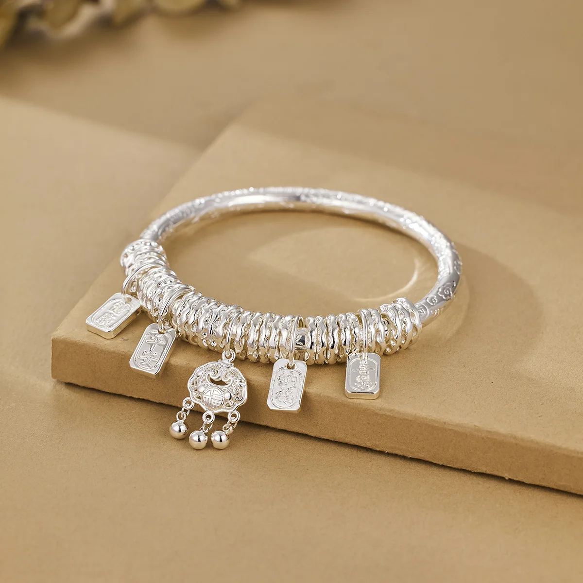 Chinese Style Auspicious Copper Silver Plated Bangle Lucky Peace Joy Health Blessing Wealth Good Fortune Bracelet For Women Part