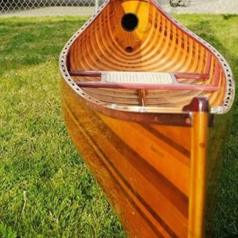Classic 18ft real wood canoe with curved bow design for fishing and rowing fiberglass inflatable boat 4 meters long