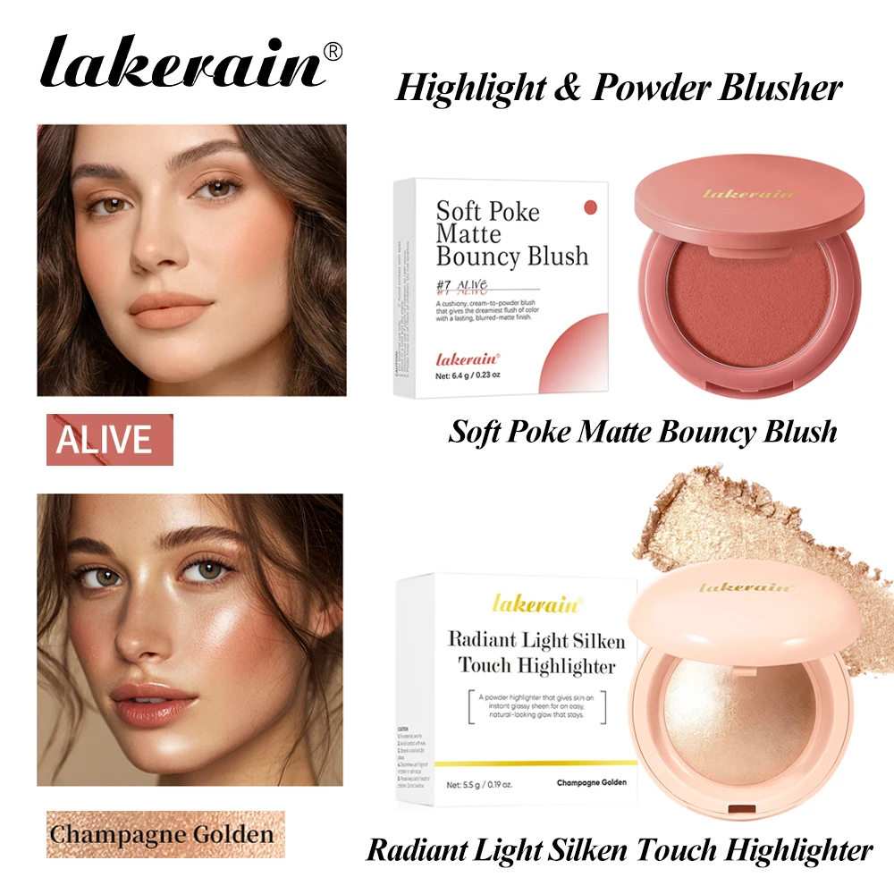 Set de Rubor Mate e Iluminador de Tacto Sedoso, Textura Suave, Polvo No Volátil, Brillo Perlado Fino, Maquillaje Facial Impermeable de Larga Duración