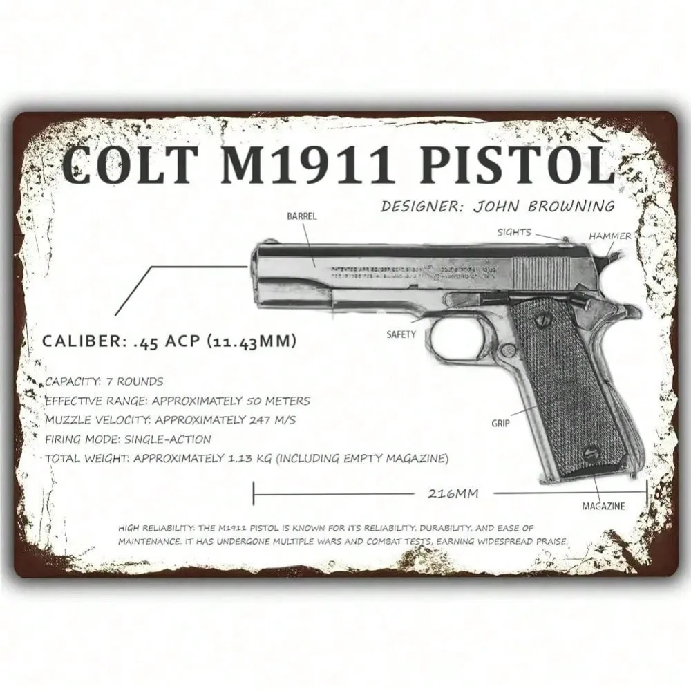 Vintage Metal Sign Colt M1911 Pistol - Military Wall Art Poster Decor for Man Cave Home Garage Bar