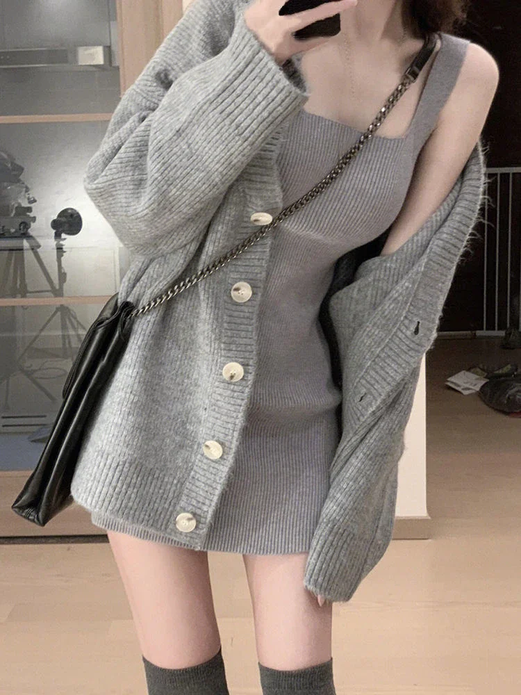 

Gray 2 Piece Dress Set Women Casual Long Sleeve Cardigan + Bodycon Strap Sweater Dress Evening Party Knitted Suit 2024autumn