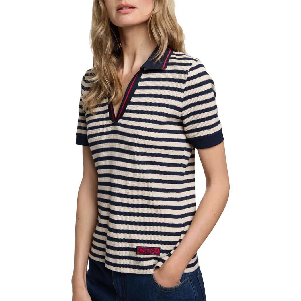 2025 Women Stripe Tops Summer Embroidery Short Sleeve Casual Simple Classics Patchwork Knitted T-Shirt Office Ladies Tees