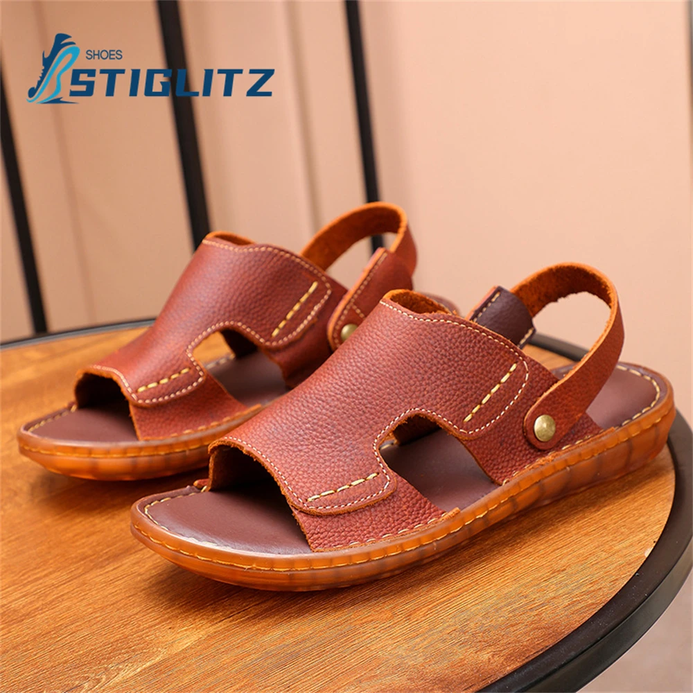 Oxford Soft Sole Casual Men's Slippers Back Strap Two Ways To Wear Sandals Genuine Leather Non-Slip Beach Sandals Men's Shoes