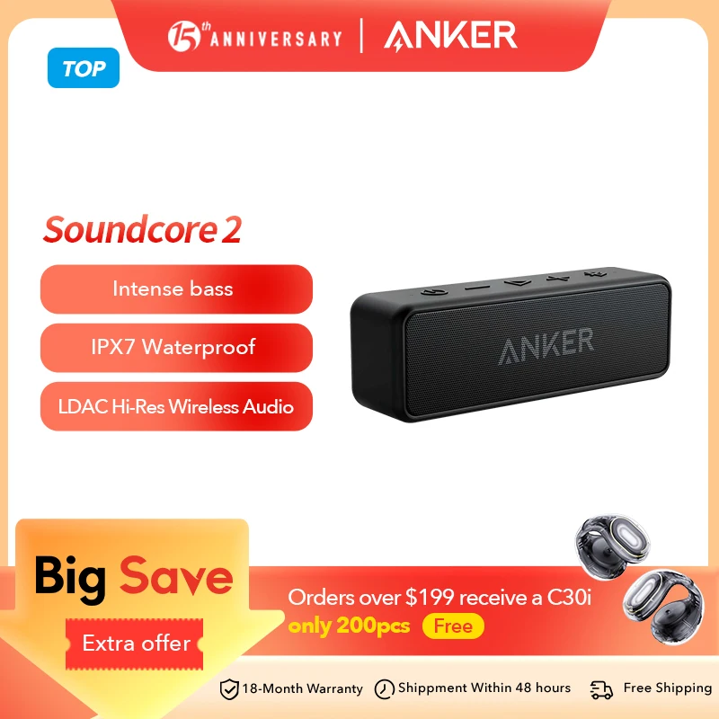 Anker Soundcore 2 Portable Wireless Bluetooth Speaker Better Bass 24-Hour Playtime 66ft Bluetooth Range IPX7 Water Resistance