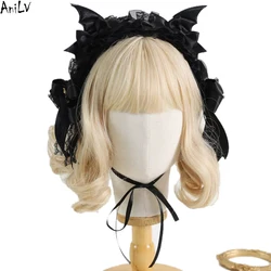 AniLV Lolita Girl Cute Devil Hairpin Lace Headband Halloween Cosplay Medieval Elegance Vampire Bow Headwear