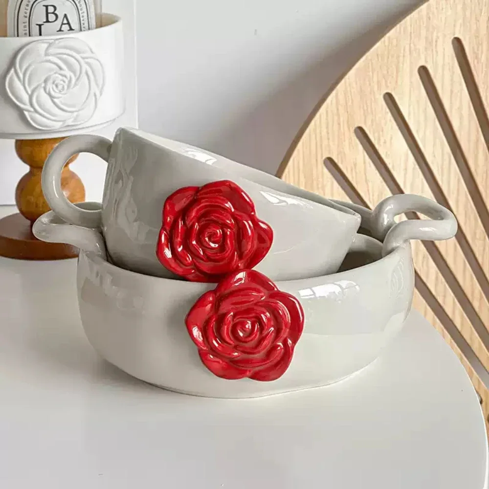 Creative Floral Relief Porcelain Bowl French Style Vintage Homehold Food Container Salad Breakfast Double-Eared Bowls