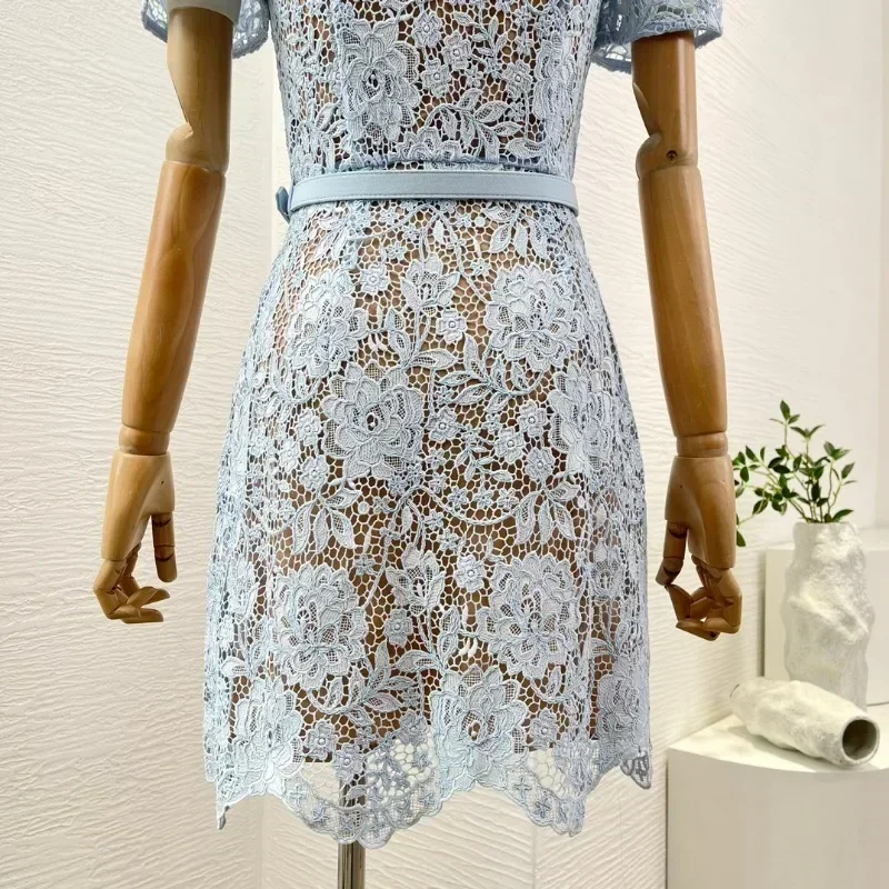 Women Lace Patchwork Floral Mini Dress Sky Blue Short Sleeve O-neck Belted Chic Elegant Female Dresses for Party Top Quality